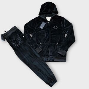 NWT True Religion Velour Big T Zip Up Men's 2 Piece Sweatsuit. Size: L